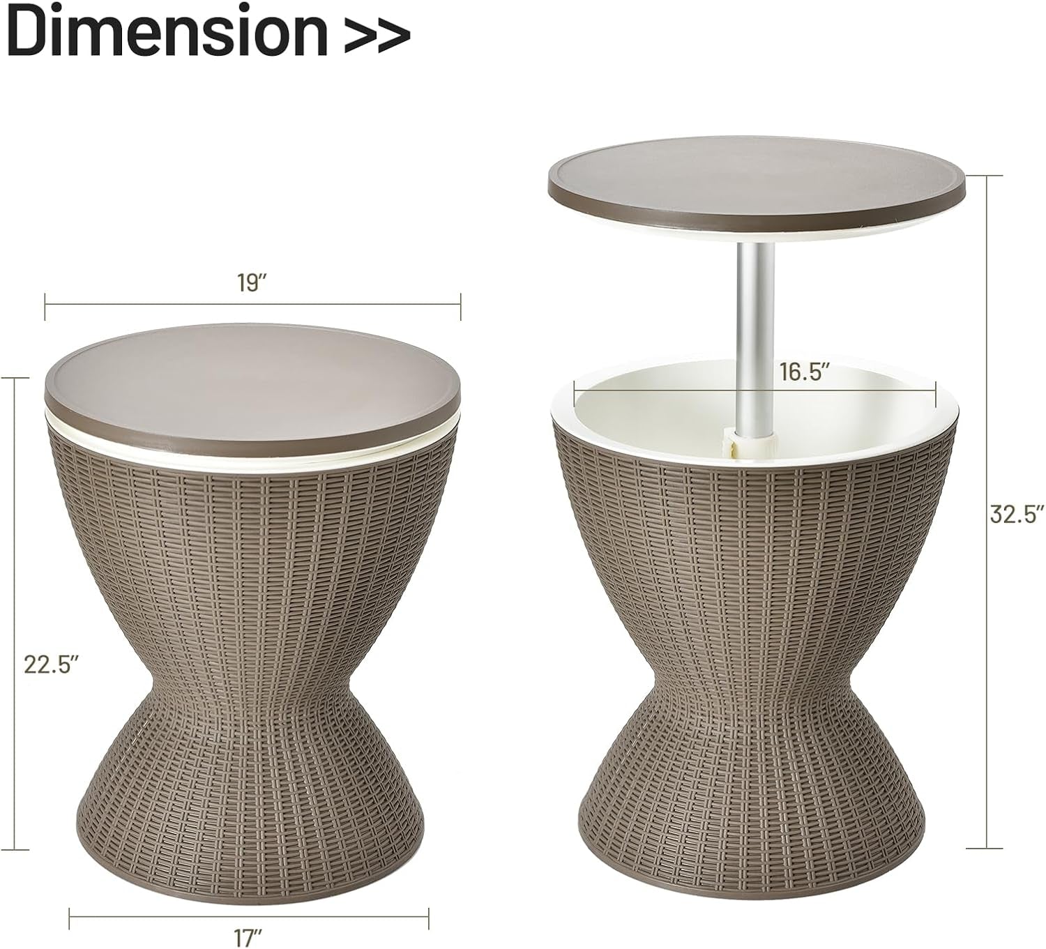 Outdoor Cool Bar Table, Rattan Style Patio 8 Gallon Beer and Wine Cooler, All-Weather Ice Bucket W/Height Adjustable Top, Drainage Plug, 3-In-1 Cocktail Coffee Table for Party, Pool (Coffee)